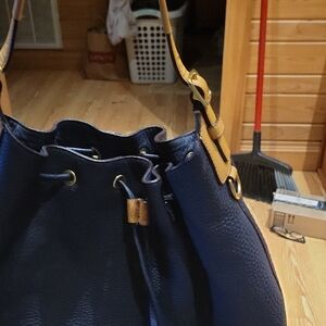 Navy Blue Leather Bucket Bag